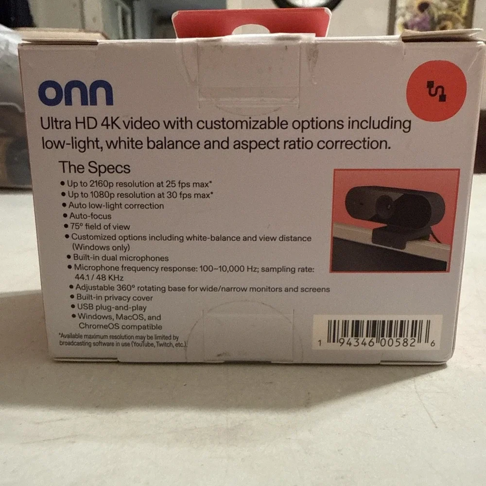 onn 100162478 4K Webcam with Autofocus and Swivel Head, Built-in Dual Mics,